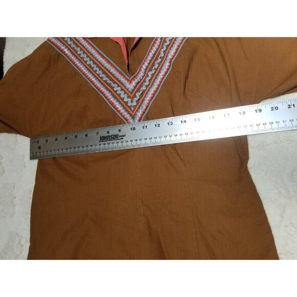 Festival Fashions Womens Collared Top Long Sleeves Side Zipper V-Neck Lace Brown - Picture 5 of 6